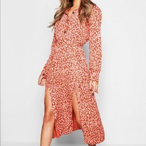 *NWT* Boohoo Fall‎ Holiday Chic Leopard Collar Button Down Midi Dress Natural